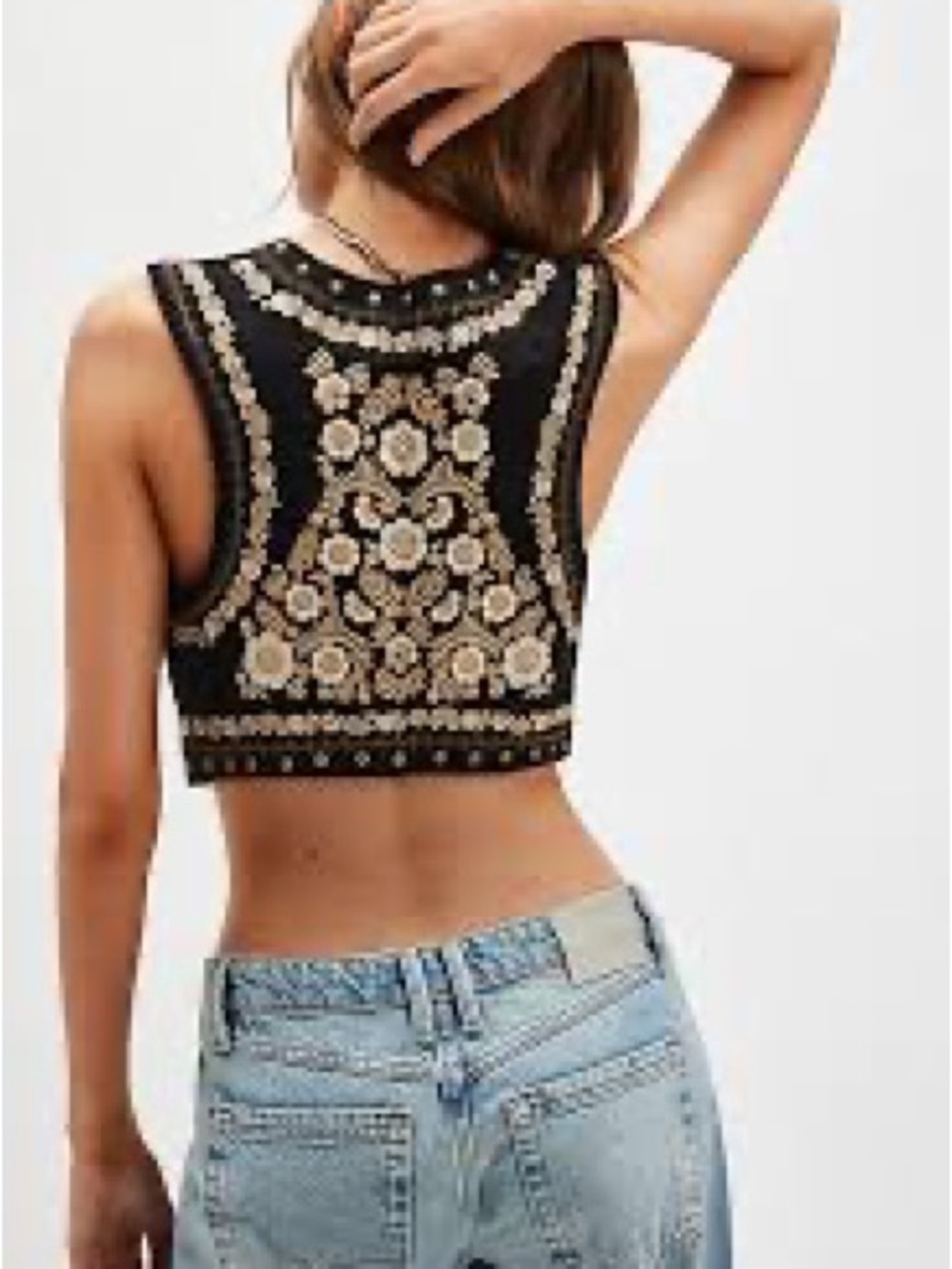 Spell Black Crop Top Vest with Gold Embroidered Floral Back